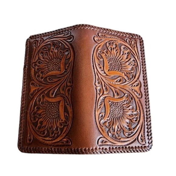 Western  Leather Bi-fold Rodeo Wallet Floral Tooled Ranger Cordovan Stitch Edge - Picture 2 of 9